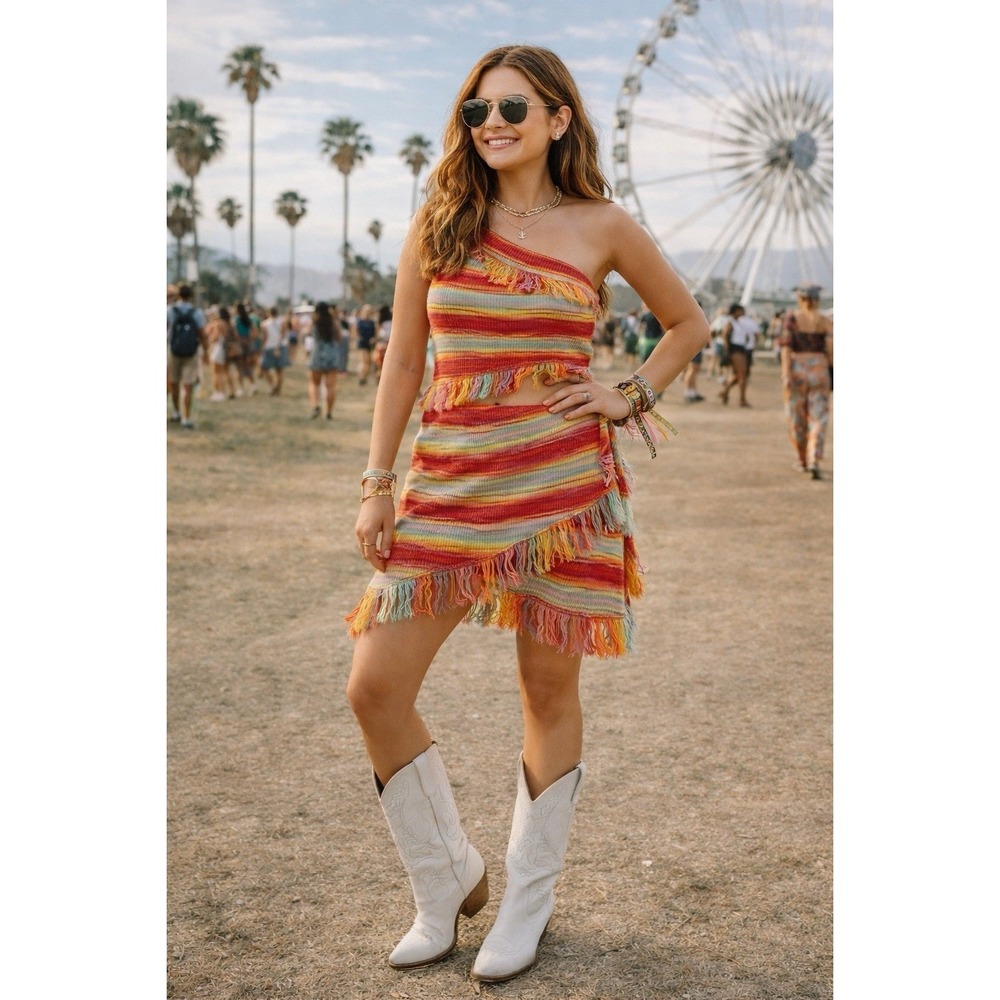 Fashion Nova Skirt Set XL Rainbow Stripe Asymmetrical Fringe